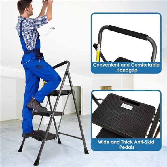 3 Step Ladder, GOLYTON Folding Step Stool with Anti-Slip Wide Pedal &  Handgrip - Picture 3 of 7